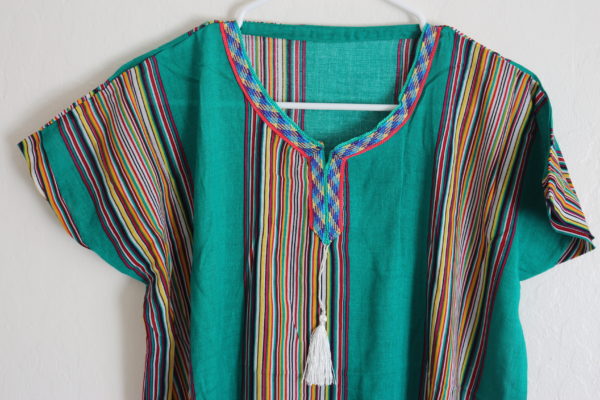 Green with colorful neck stripes Moroccan kaftan for woman