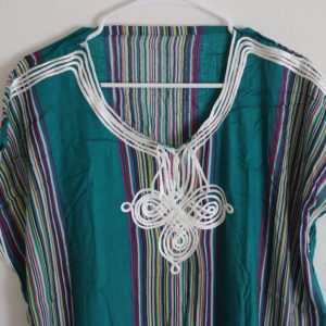 Green with white and colorful stripes Moroccan kaftan for woman