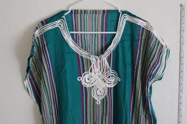 Green with white and colorful stripes Moroccan kaftan for woman